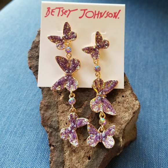 Betsey Johnson Purple Butterflies Dangle Earrings - NWT - Picture 2 of 6